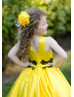 Square Neck Sleeveless Yellow Satin Lace Trim Flower Girl Dress